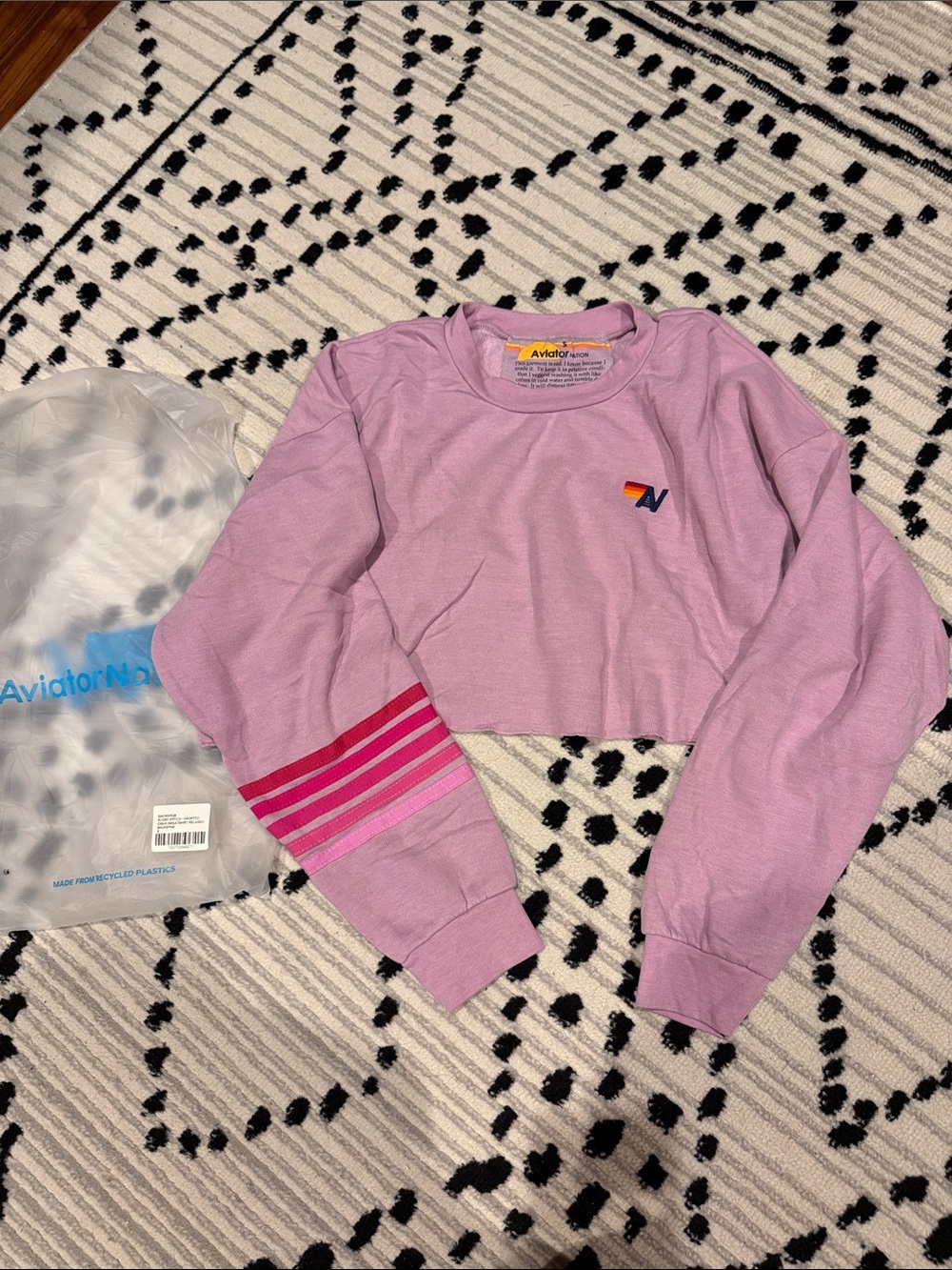 Aviator Nation Lavender Cropped Sweatshirt with Pink Stripe Sleeves